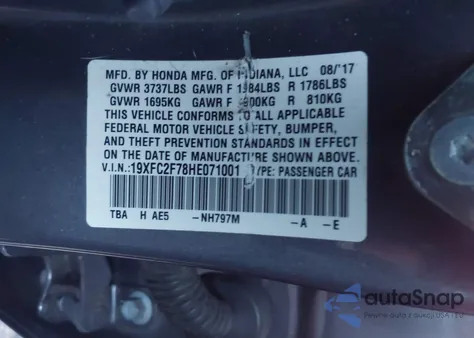 2017 Honda Civic Ex z USA, uszkodzony, nr VIN 19XFC2F78HE071001